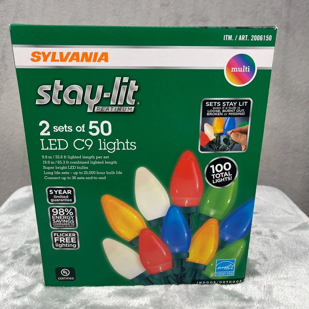 Sylvania LED C9 Lights Multi 100 Count Stay-Lit Platinum Indoor Outdoor